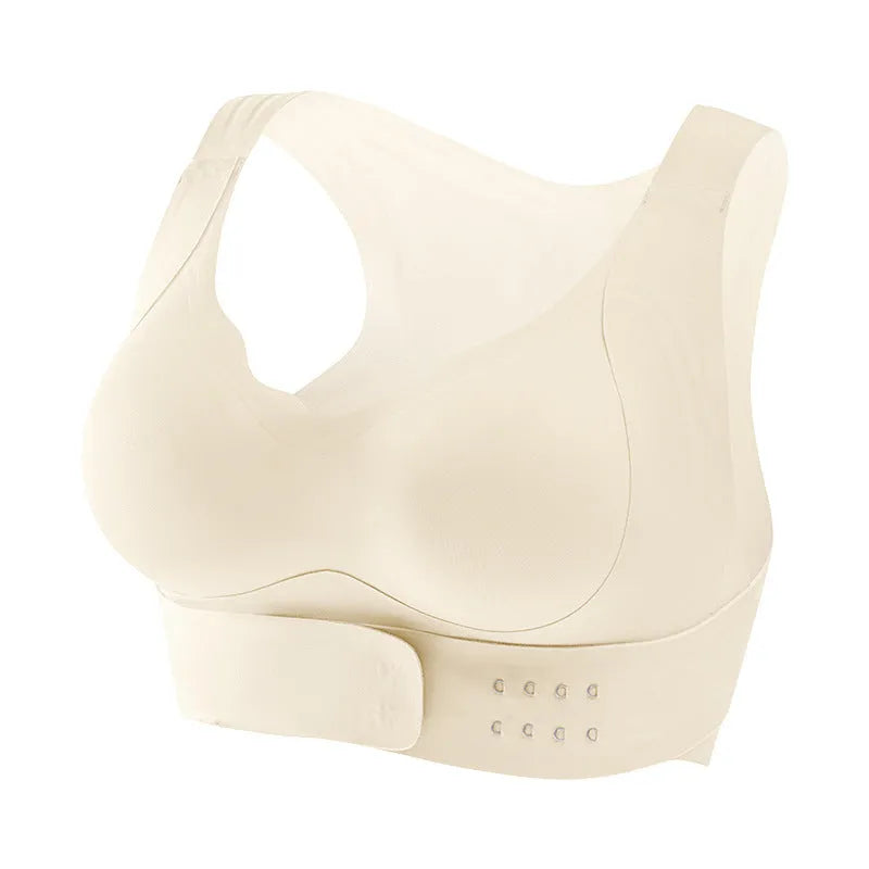 Women's nylon yoga bra with front buckle closure and contoured back.