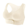 Women's nylon yoga bra with front buckle closure and contoured back.