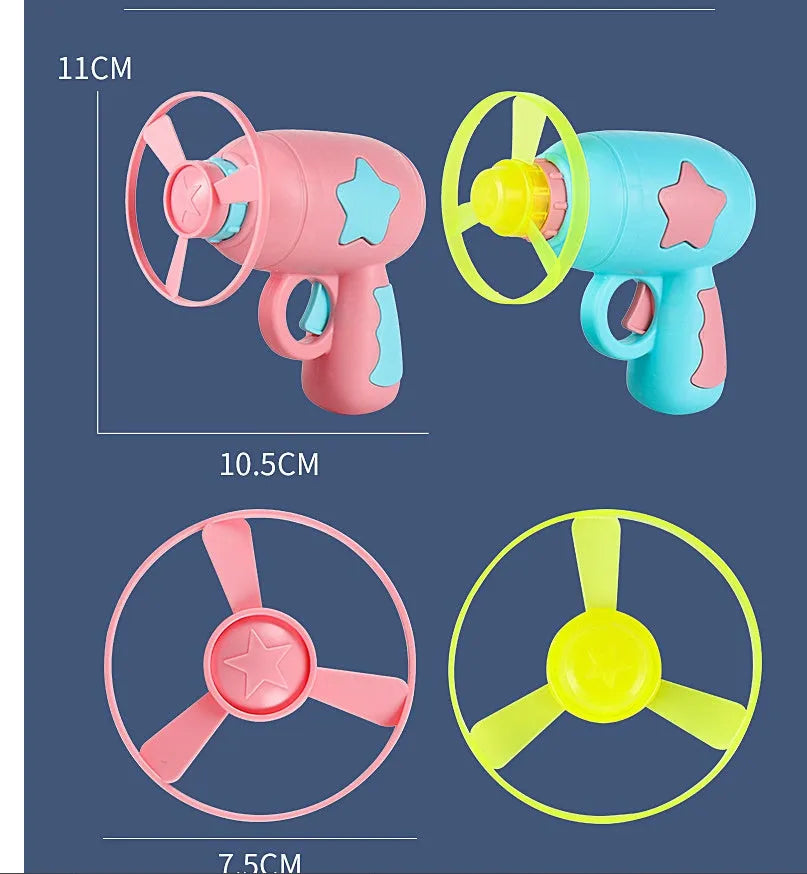 Flying saucer launcher toy set with gun and coloured discs for outdoor children's play