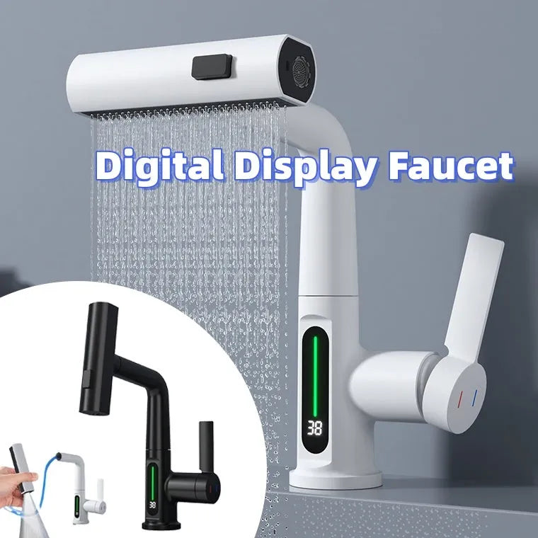 Digital display kitchen tap with pull-out spray hose showing temperature readout
