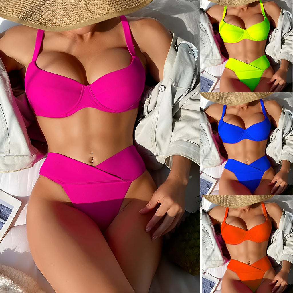 Solid colour briefs-style bikini swimsuit in fluorescent pink, green, blue, or orange, or black.