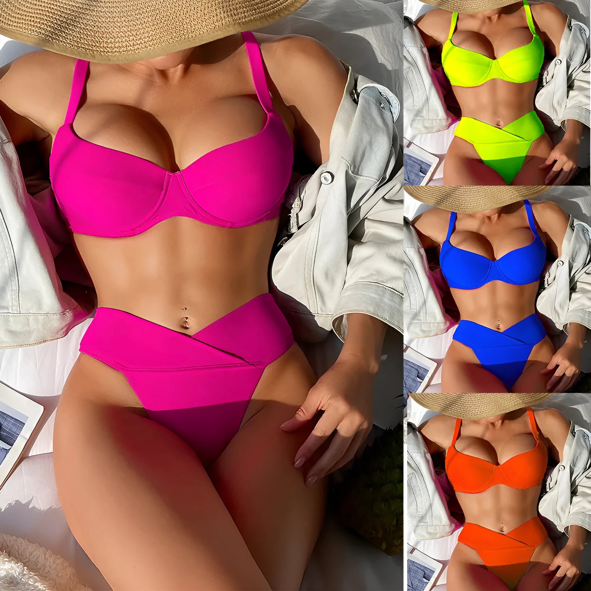 Solid colour briefs-style bikini swimsuit in fluorescent pink, green, blue, or orange, or black.