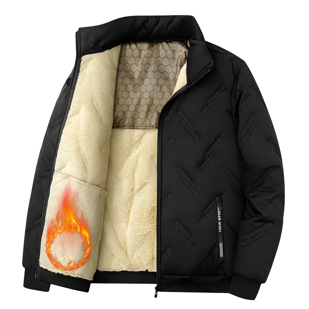 Men's graphene-design winter coat in black, shown front view, with thickened fleece and long sleeves