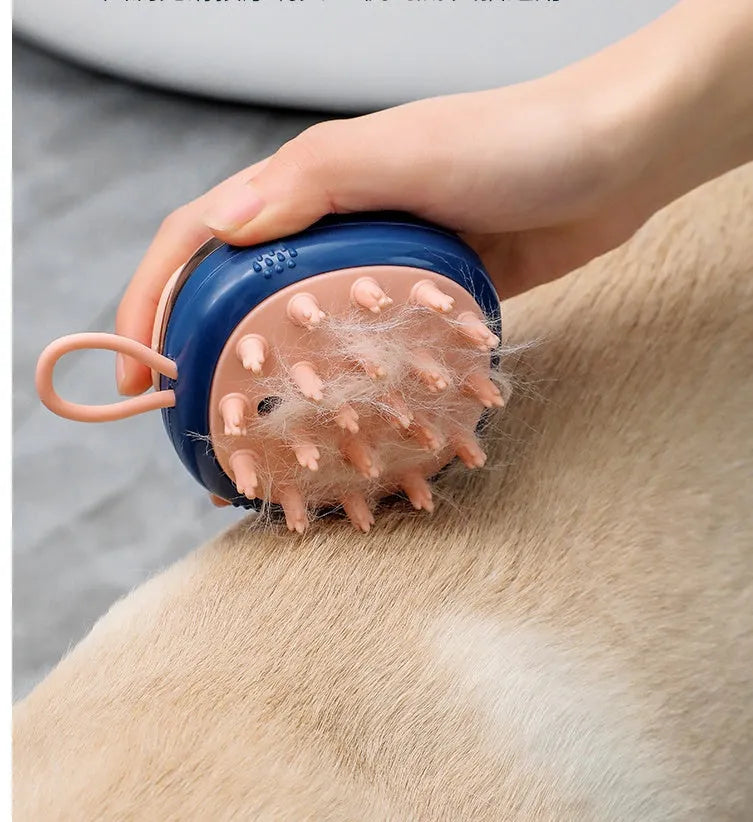 Blue and green 2-in-1 pet grooming brush with shampoo dispenser and silicone bristles