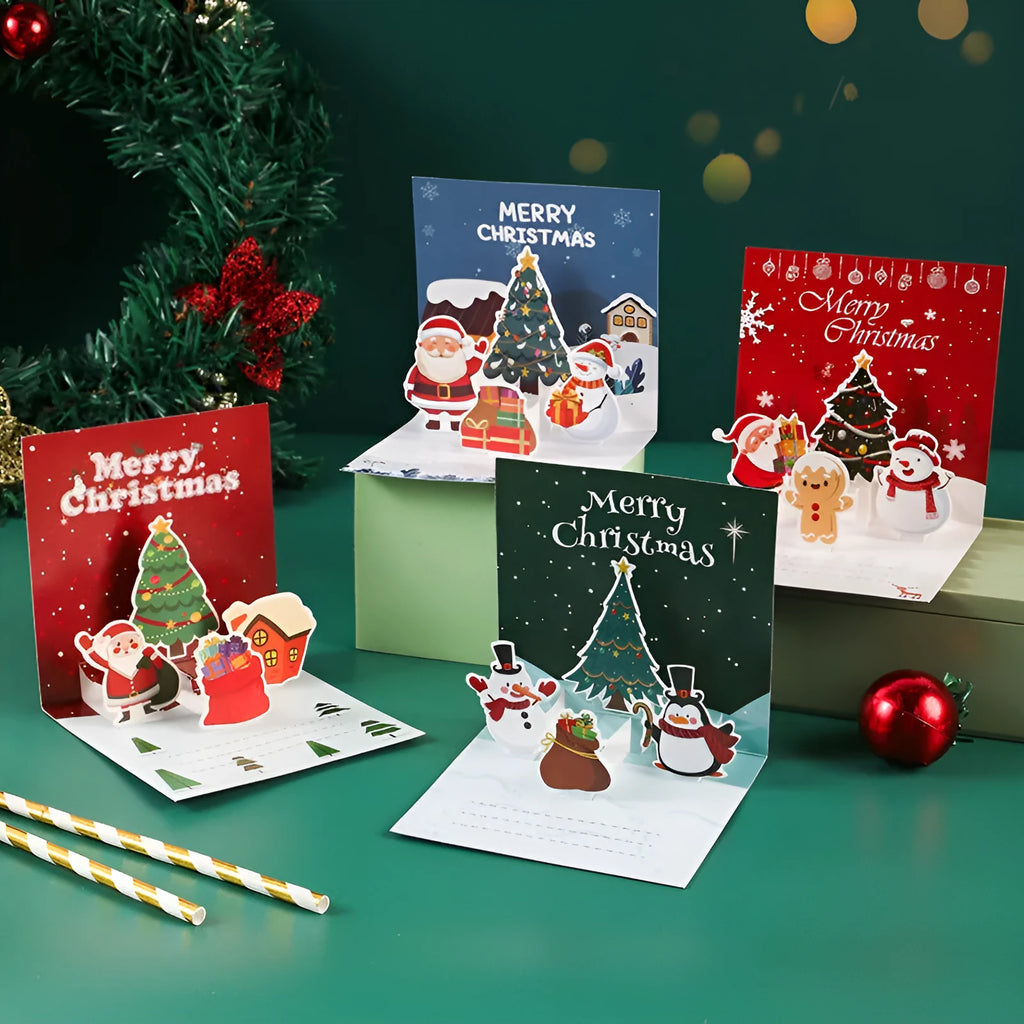 Three-dimensional blessing greeting card in fresh style with handmade cardboard construction, shown in cyan colour