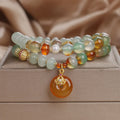 Crystal double ring bracelet in peacock green agate with pearls rhinestones and sequins for women