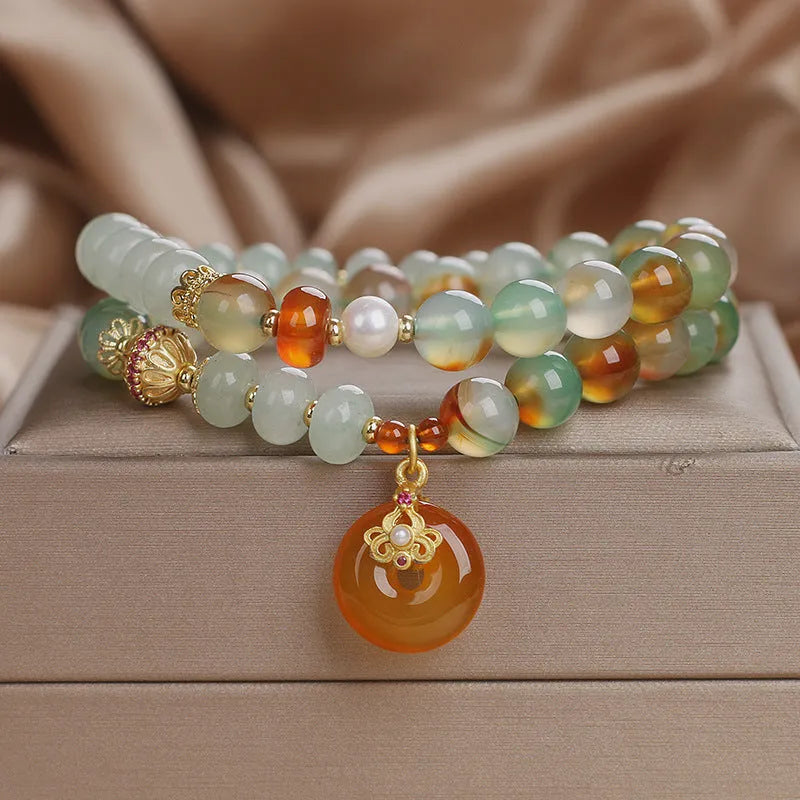 Crystal double ring bracelet in peacock green agate with pearls rhinestones and sequins for women
