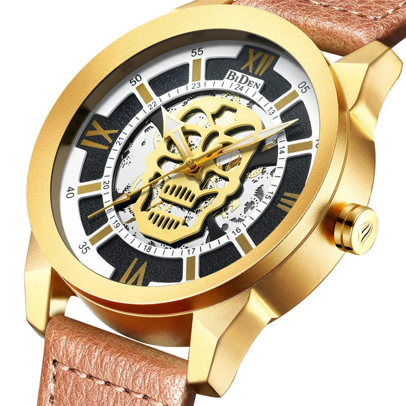 Biden men's hollow quartz watch with calendar function and leather strap