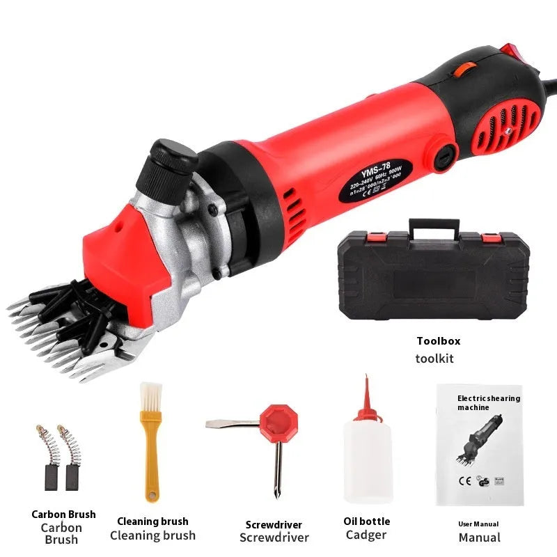 Yellow electric wool shearing clippers with 110V cable, multiple blade sets, and tools in a plastic storage box.