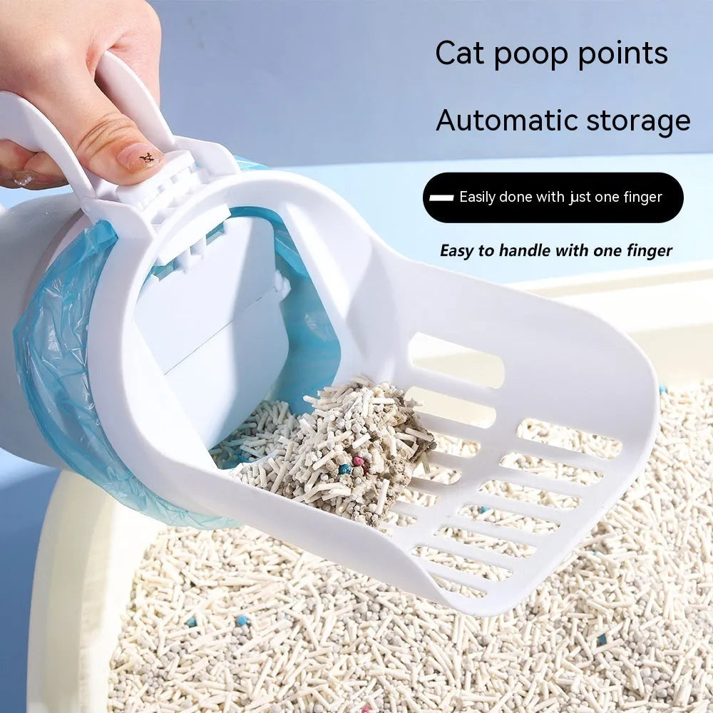 Grey 2-in-1 cat litter scoop with non-slip handle and foldable base on a floor