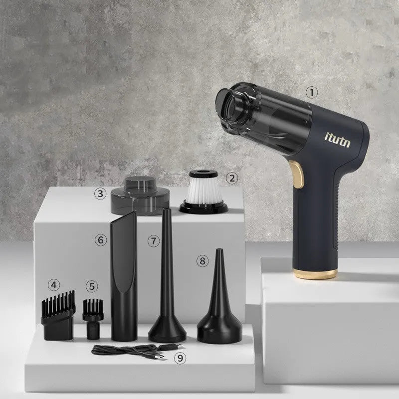 Black handheld cordless car vacuum cleaner with 4500PA suction and multiple attachments on a white background.