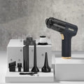 Black handheld cordless car vacuum cleaner with 4500PA suction and multiple attachments on a white background.