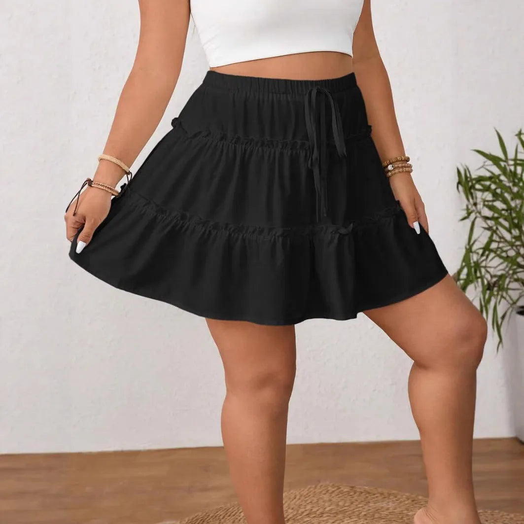 White adjustable lace-up pleated A-line mini skirt with milk silk sanding polyester fabric