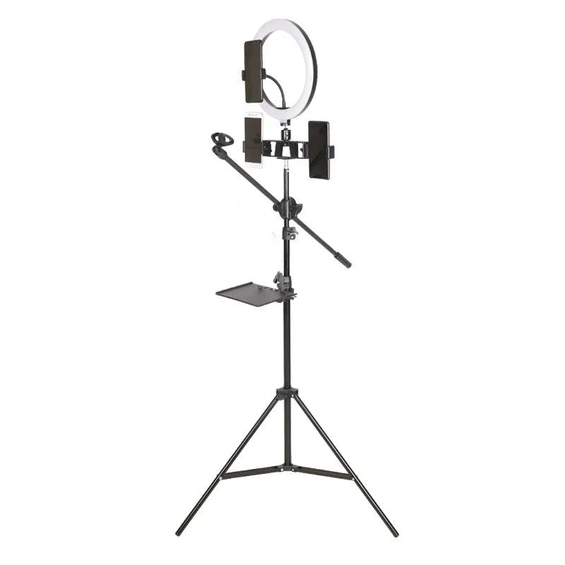 2.1m tripod floor stand with cross bar tray, three-phone holder, and microphone rod for live streaming