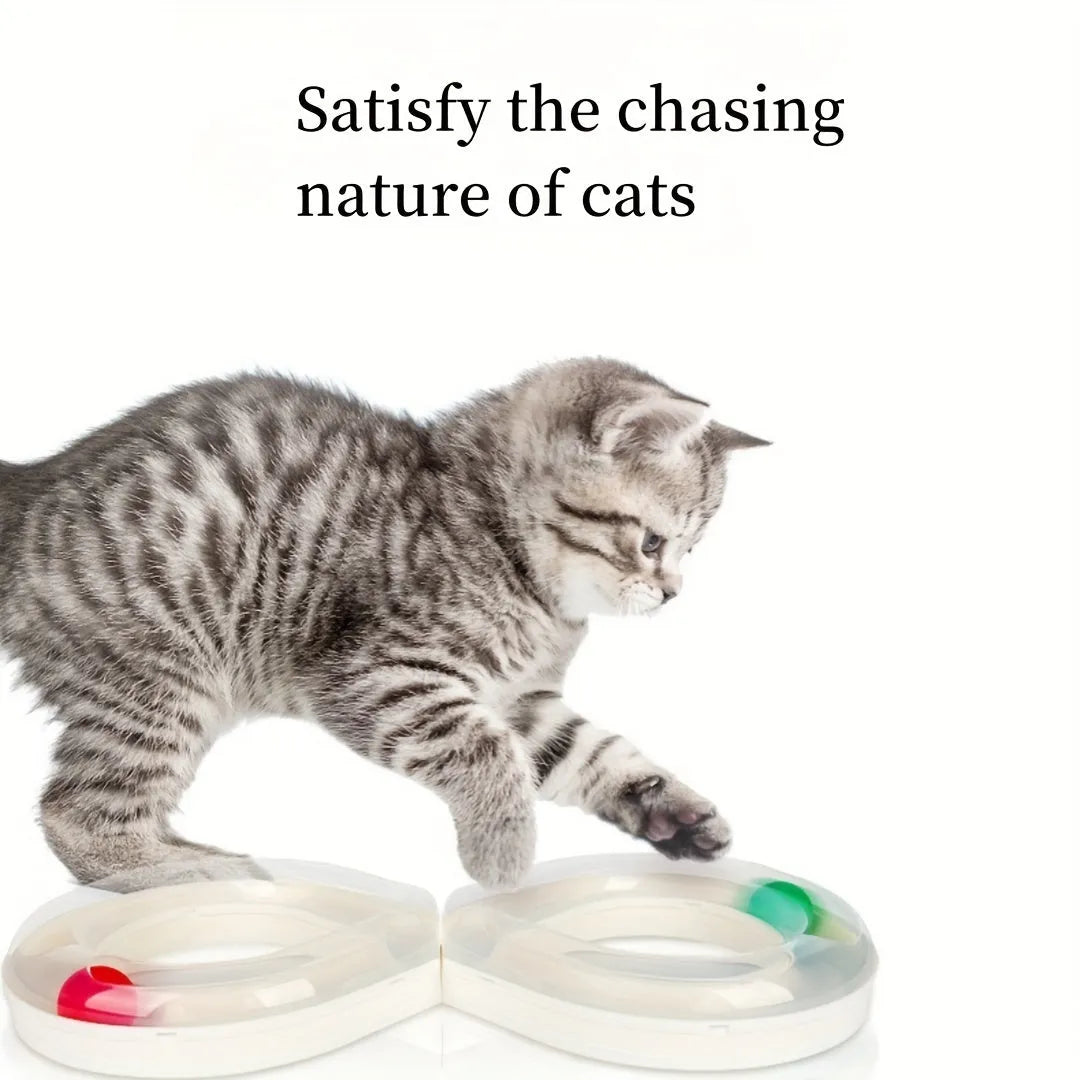 Blue and white cat turntable toy with track ball and teasing stick for indoor feline entertainment