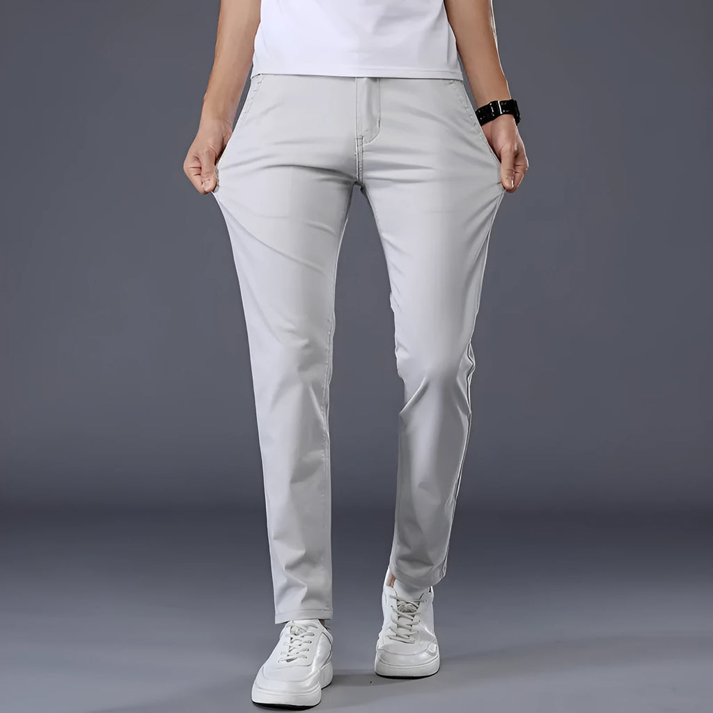 Men's solid color casual trousers, straight leg, mid waist, cotton, micro elasticity, available in multiple colors
