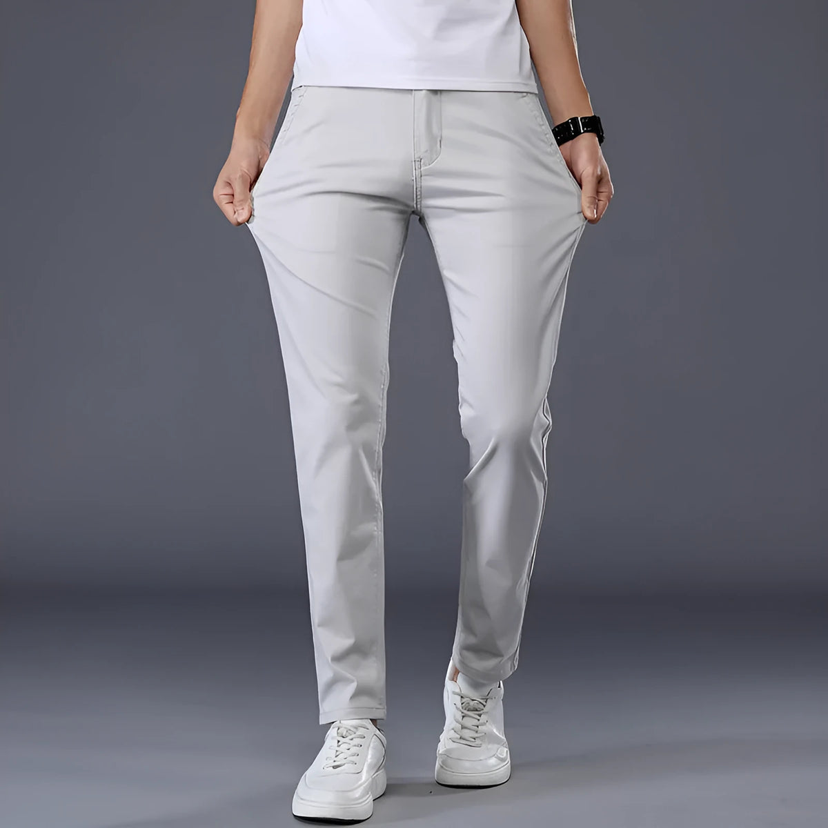 Men's solid color casual trousers, straight leg, mid waist, cotton, micro elasticity, available in multiple colors
