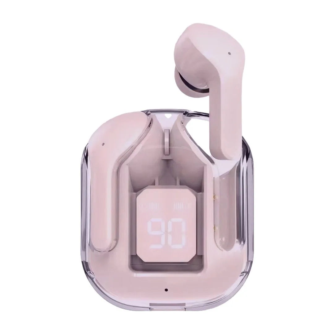 Transparent case true wireless Bluetooth headphones showing digital display and multiple colour options