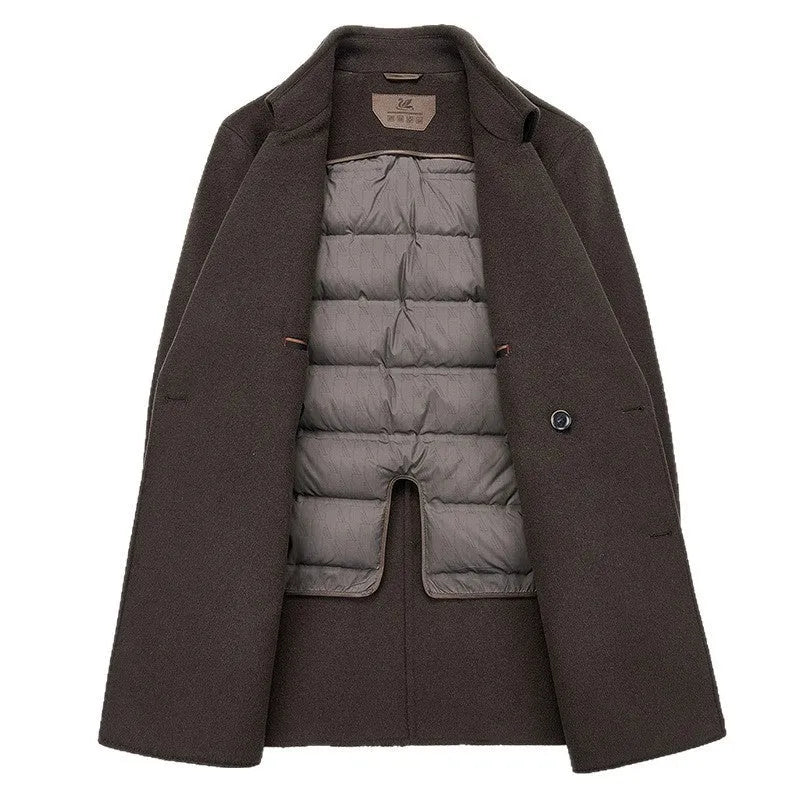 Men's mid-length double-sided wool overcoat with suit collar, rabbit fur, side seam pockets, brown dark grey black