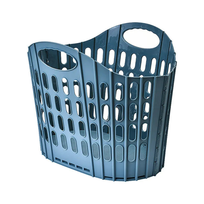 Plastic folding dirty laundry basket in mesh PP material, available in blue, grey, pink