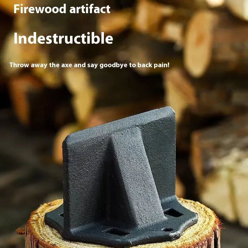 Small square cast iron wood splitter for kindling on a wooden background