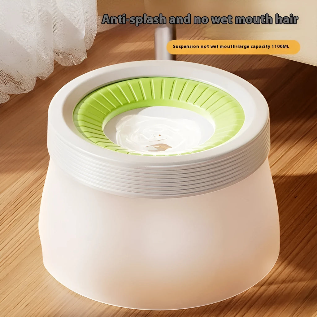 Suspended green pet water bowl for dogs and cats on a white plate base.