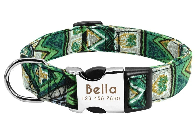 Durable, reflective dog collar with adjustable fit for small, medium, and large breeds. Crafted from polyester and alloy metal with engraved pet information.