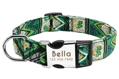 Durable, reflective dog collar with adjustable fit for small, medium, and large breeds. Crafted from polyester and alloy metal with engraved pet information.