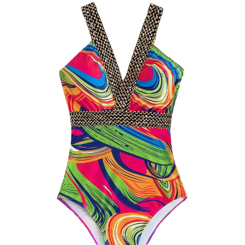 Women's deep V-neck one-piece swimsuit with spaghetti straps in a printed pattern
