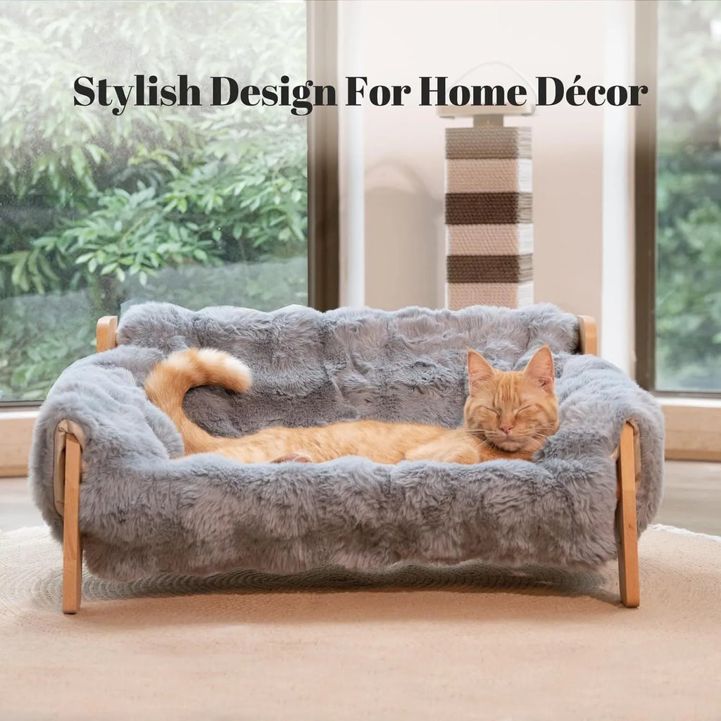 Wooden cat sofa with removable cotton cover in beige colour for small cats
