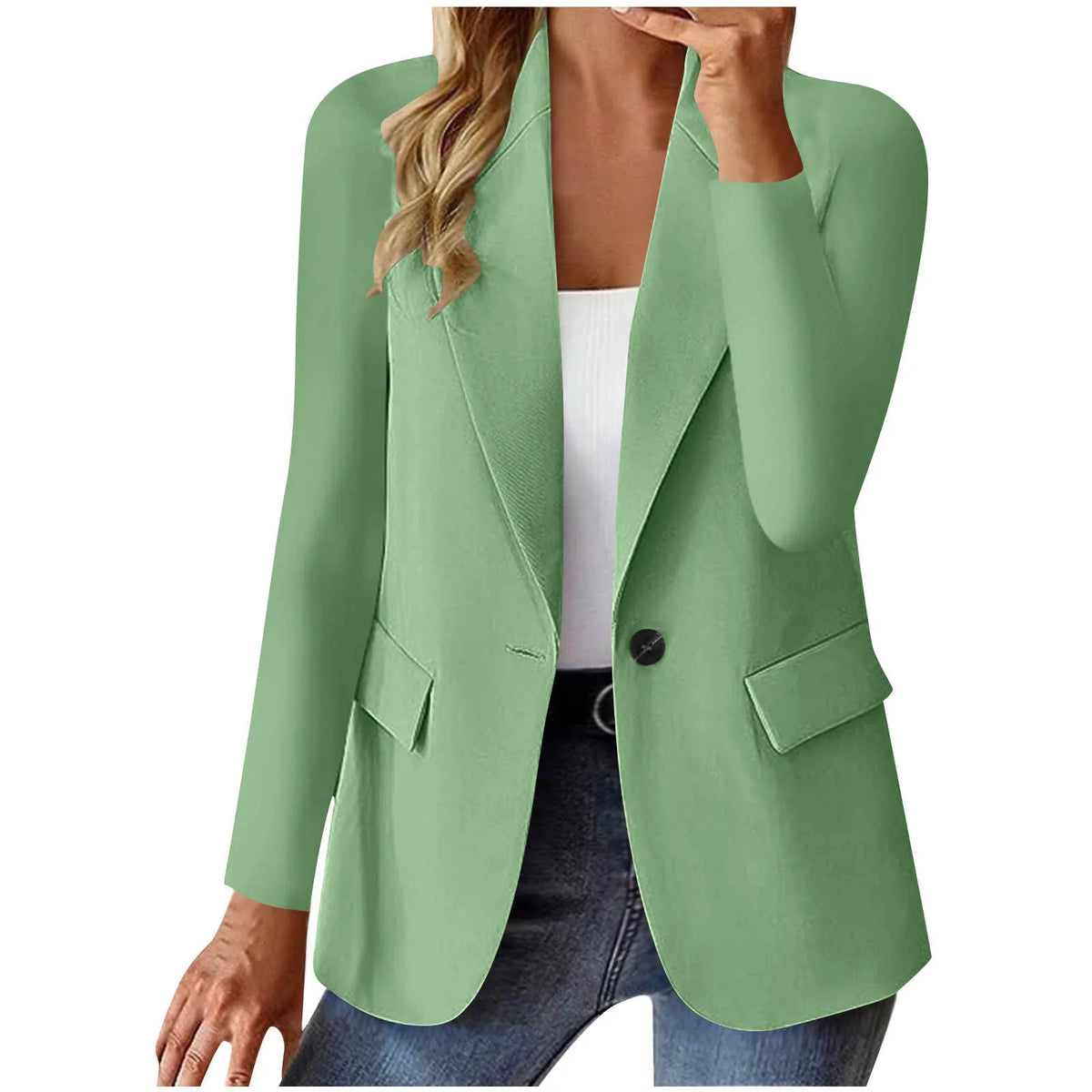 Women's long sleeve solid colour cardigan suit jacket with pocket, slim fit, shown in multiple colours
