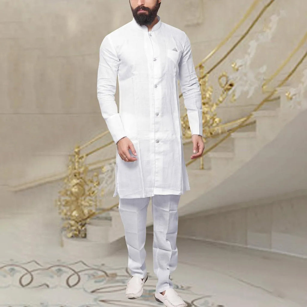 Men Muslim Middle Eastern long shirt in white with standing collar and long sleeves, loose fit, solid colour