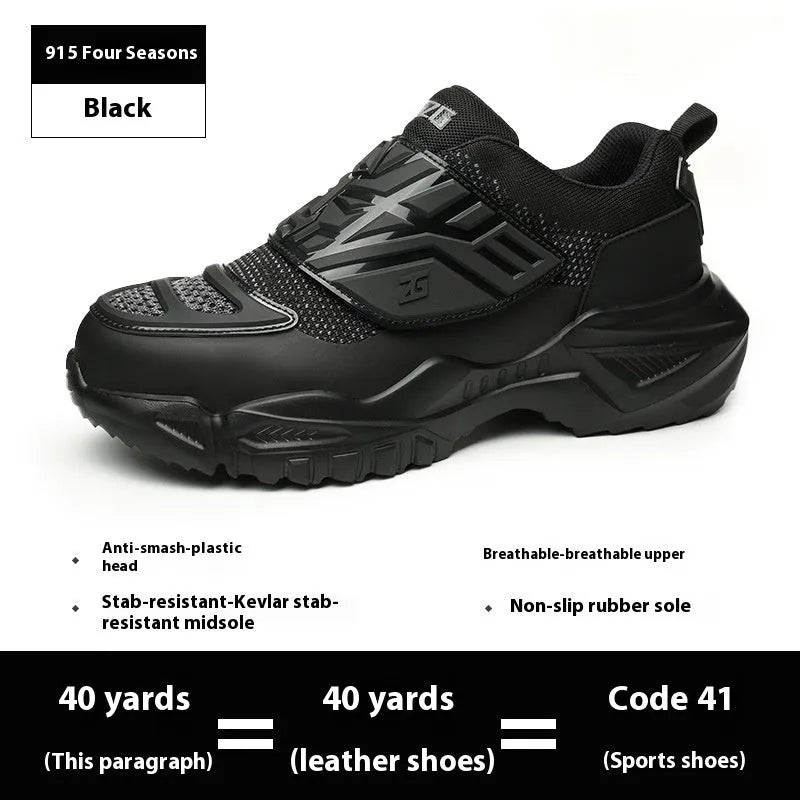 Black safety work shoe with steel toe cap, felt buckle, and anti-puncture sole for industrial use.