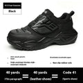 Black safety work shoe with steel toe cap, felt buckle, and anti-puncture sole for industrial use.