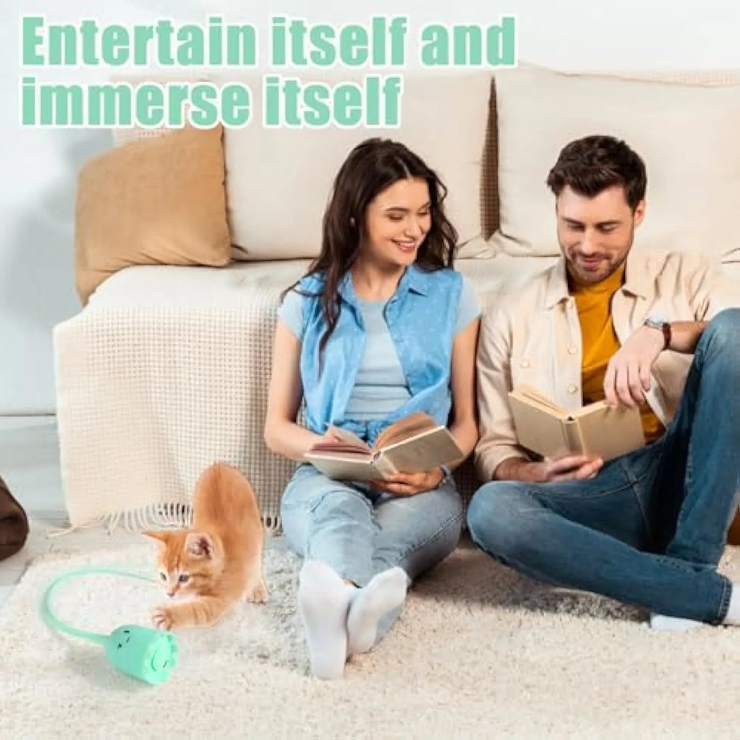 Electronic cat toy with swinging green silicone tail on plastic base