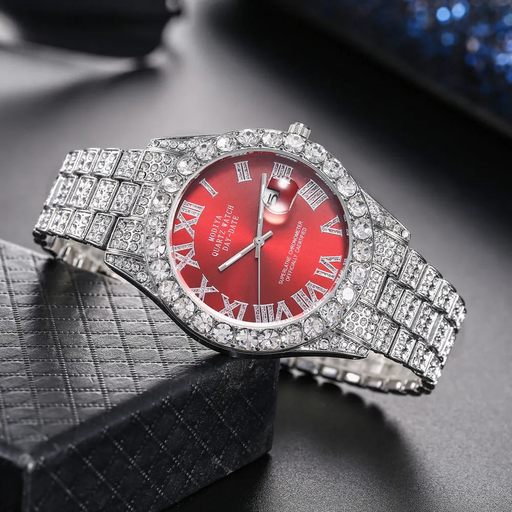 Quartz wrist watch with full diamond surface dial, Roman scale, and steel case in silver or gold colours