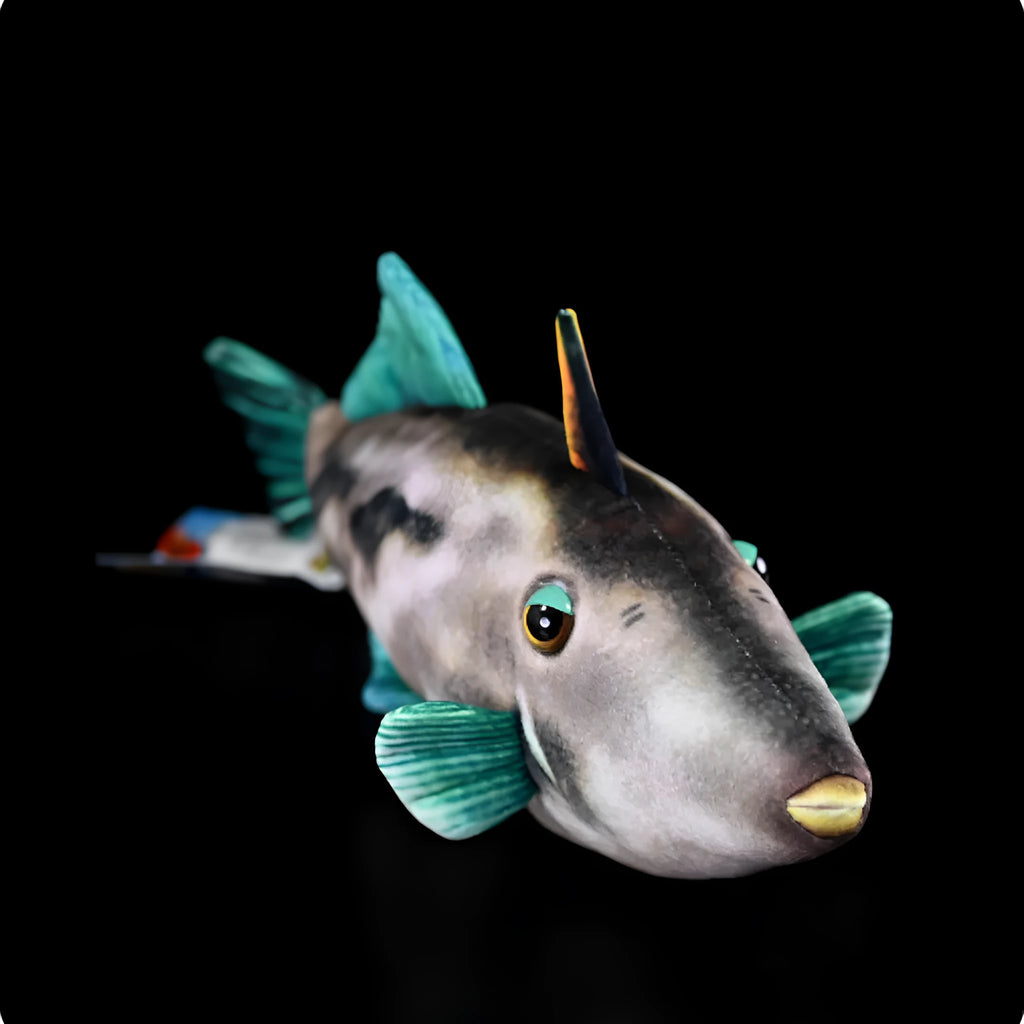 Simulation green fin pufferfish plush toy 42cm flannel doll on white background