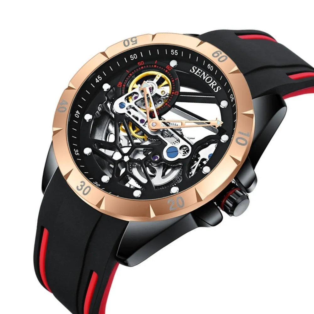 Automatic men's skeleton watch with rose gold case and blue dial showing mechanical movement