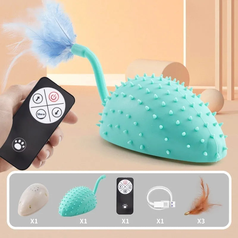 Remote control silicone mouse cat toy with feather attachment in three colour options