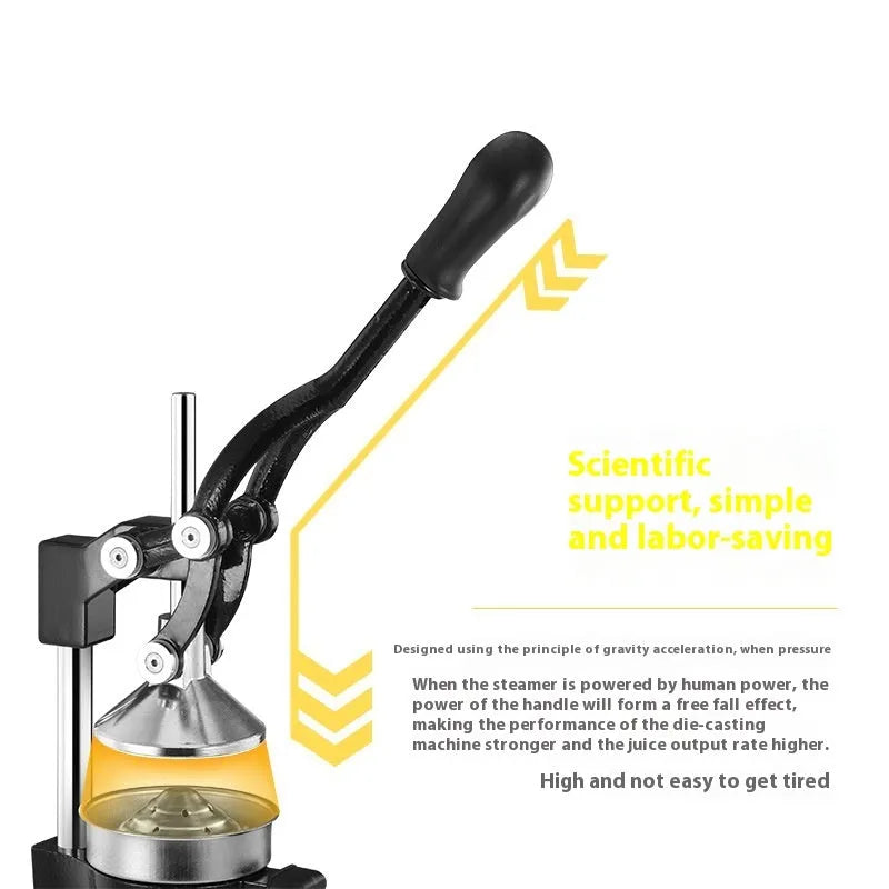 Tall black cast iron manual juicer with stainless steel cone on a kitchen counter