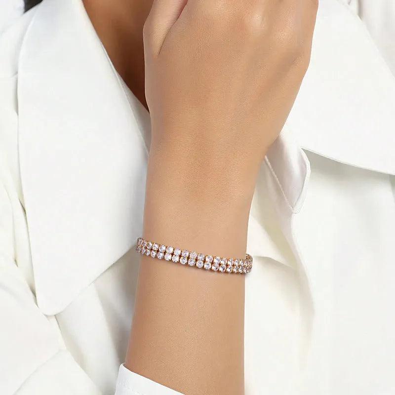 Unisex full diamond zirconia double-row tennis chain bracelet in gold copper electroplate, 7 inches