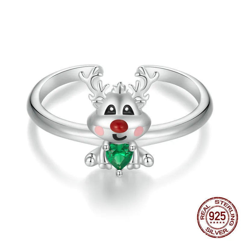 Christmas Reindeer Open Ring 925 Sterling Silver, Women, Adjustable US Size 8, Platinum Plating, Zircon