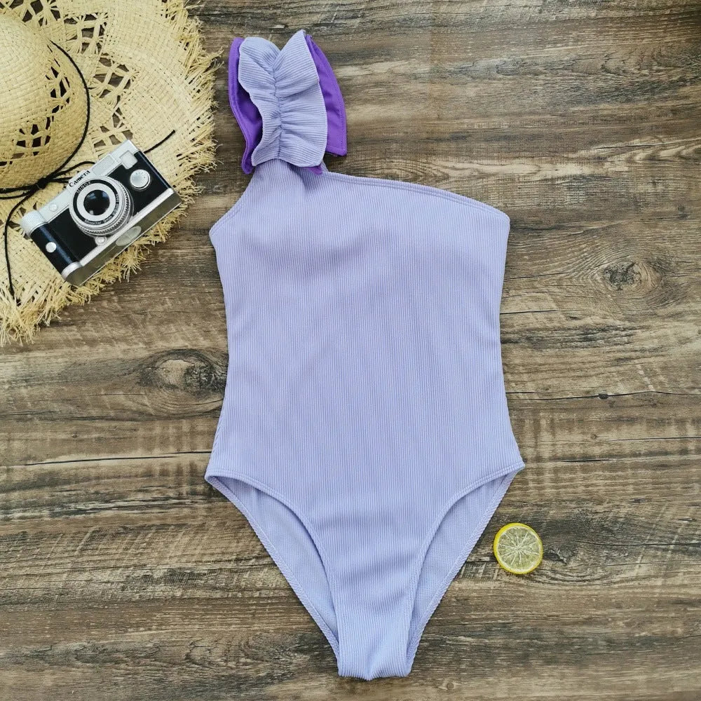Women's single-shoulder high-waist one-piece swimsuit in solid colour