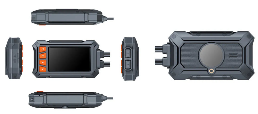 Motorcycle dual lens tachograph DVR with GPS module, ACC power cable, and handlebar controller.