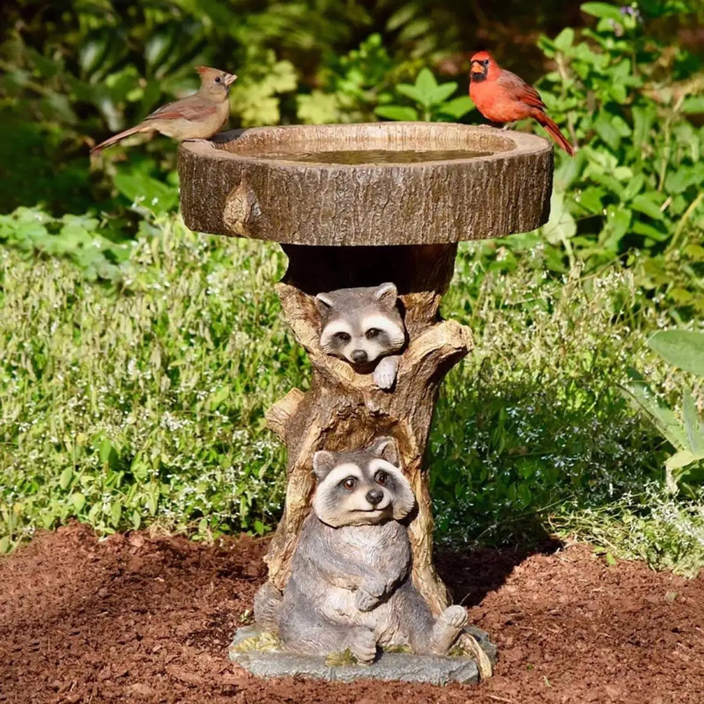 Handmade resin raccoon garden ornament 21cm tall on wooden table modern simple style