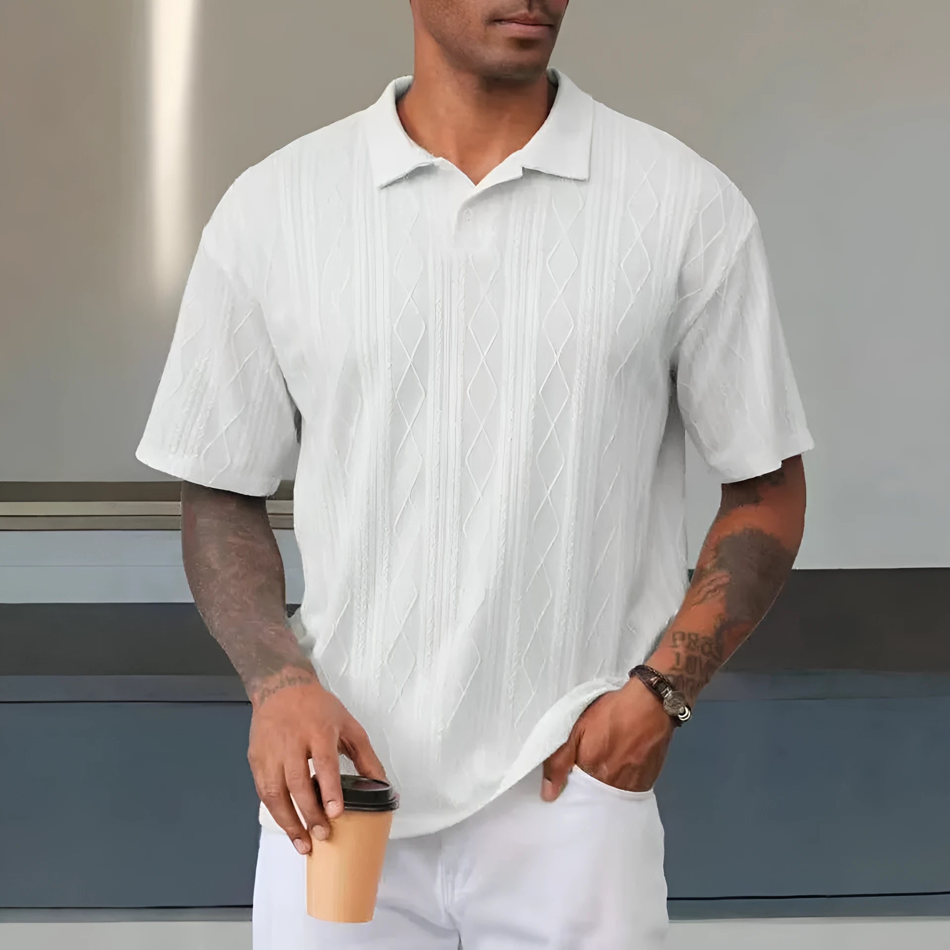 Retro button lapel short sleeve t-shirt in a cotton blend fabric, shown in army green colour