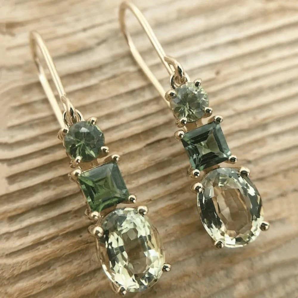 Green geometric quadrilateral copper earrings with retro Bohemian style