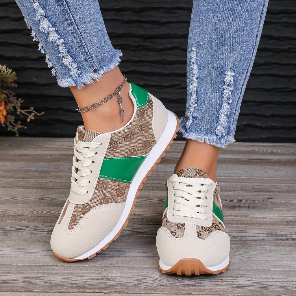 Women's oversized casual lace-up shoes in khaki with cross-strap design and round toe