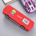 Metal tinplate stationery box with racing car trolley cartoon pattern, shown closed.