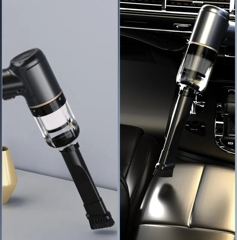 Black handheld cordless car vacuum cleaner with 4500PA suction and multiple attachments on a white background.